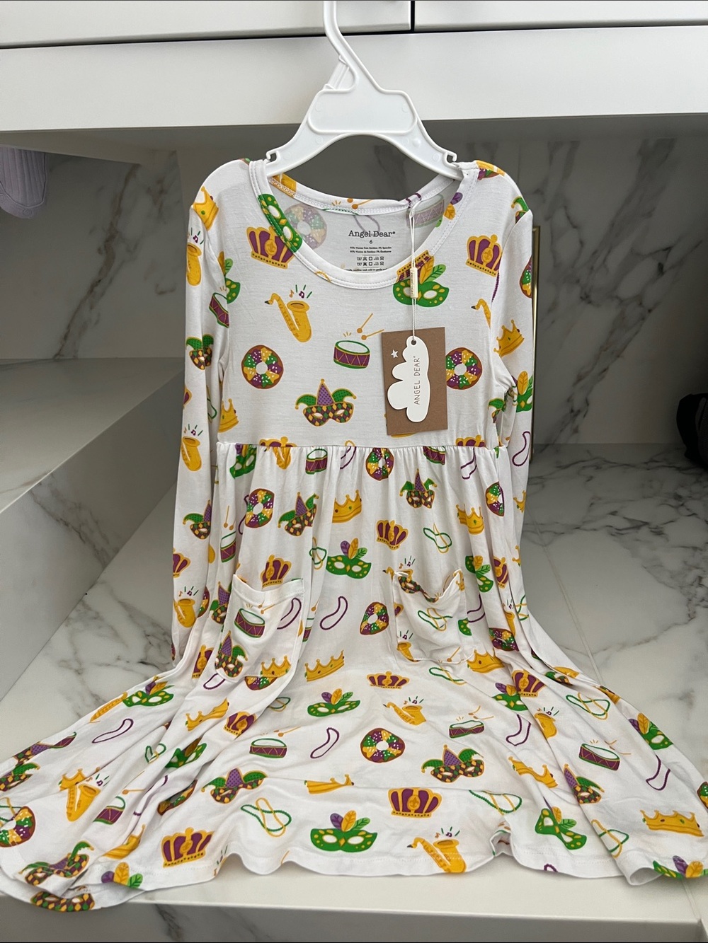Angel Dear White Mardi Gras Print Long Sleeve Dress with Pockets